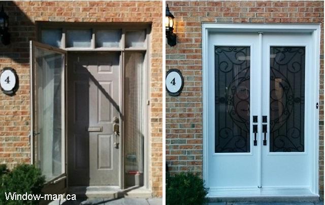 Before and After. Standard 6 foot 8 inches front doors two sidelight and transom conversion into high 8 foot double front door. Three quarters glass. No panel at the bottom